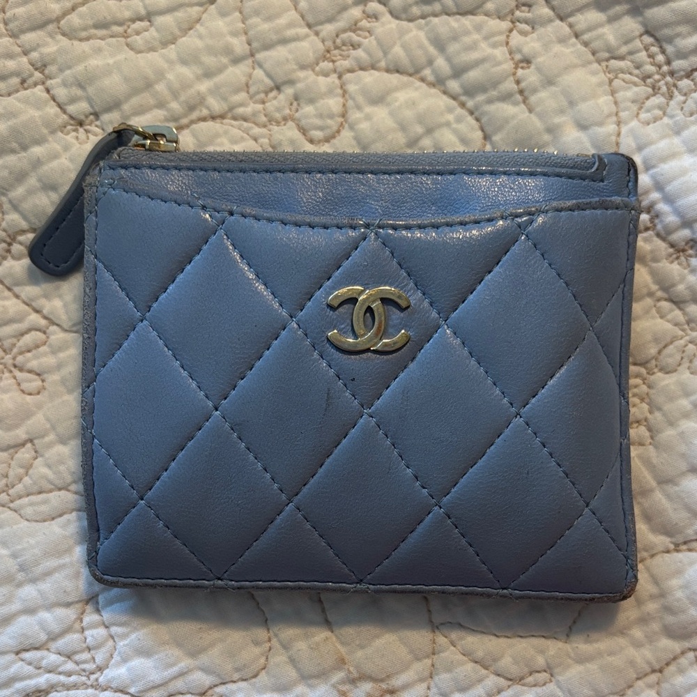 CHANEL Quilted Zip Card Case in Light Blue with Gold CC